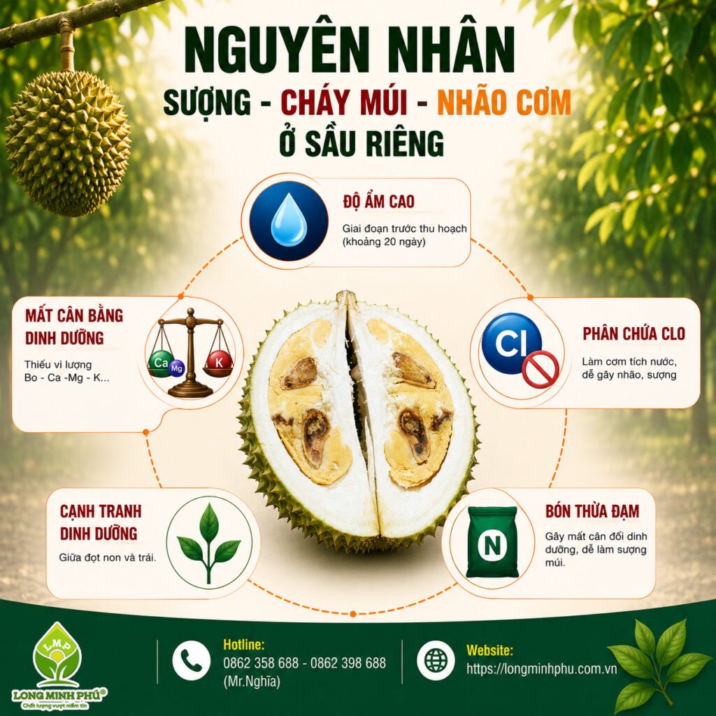 SẦU RIÊNG BỊ SƯỢNG, NHÃO CƠM, CHÁY MÚI